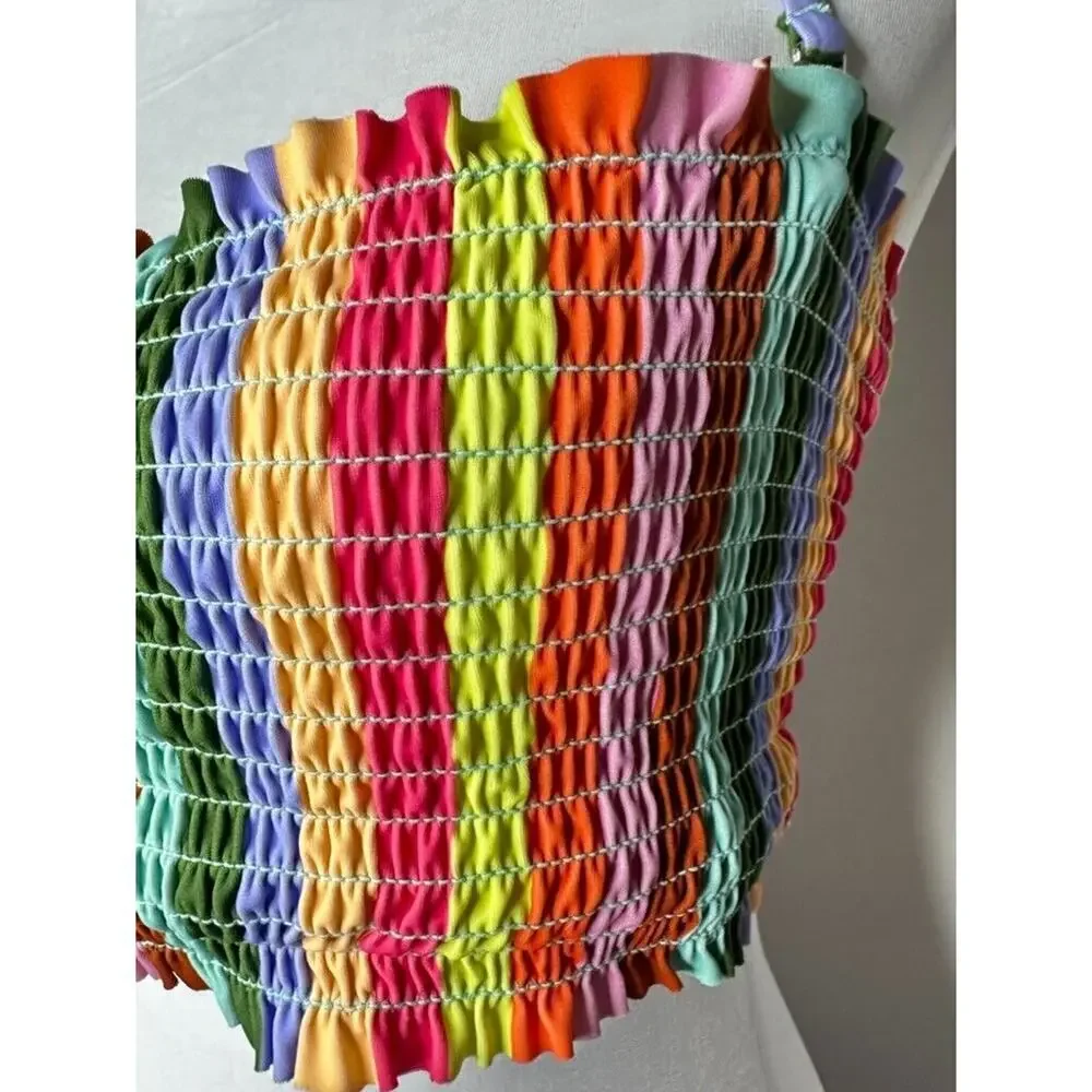 MSRP $20 SALT + COVE Striped Removable Strap Smocked Cabana Bandeau Top Size L
